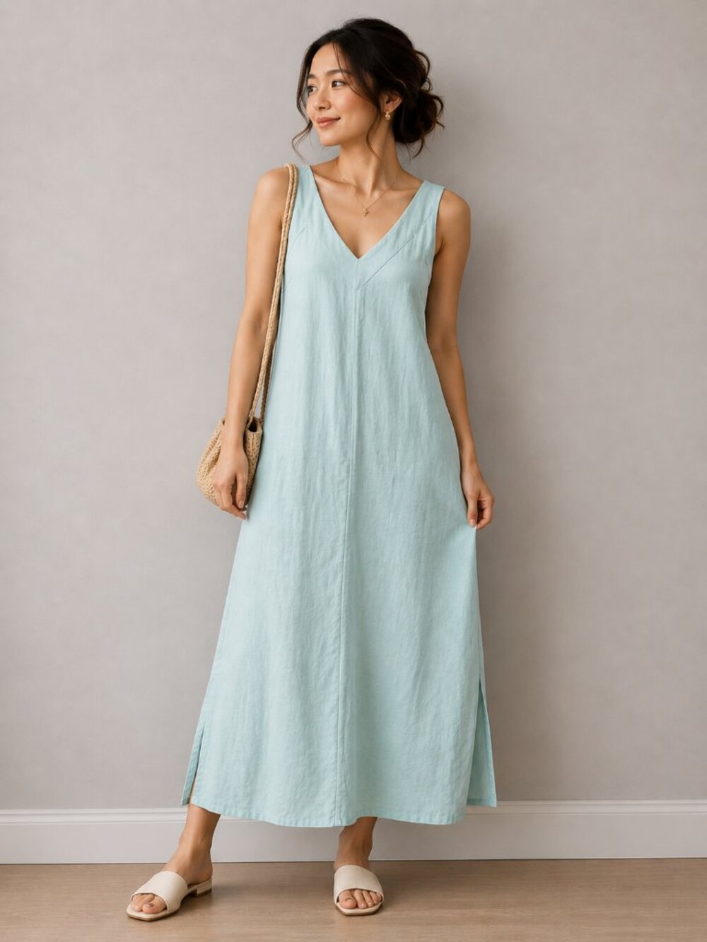 DKNY Linen Blend Maxi Dress XS Light Blue Sleeveless Side Slit Minimalist NWT